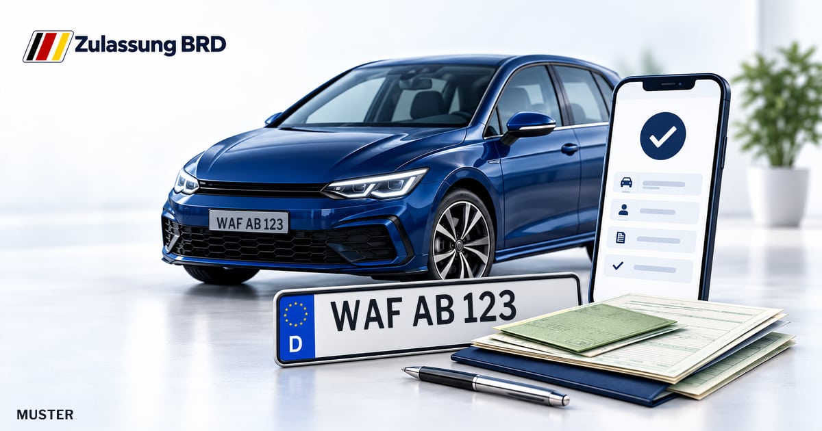 Online Fahrzeugzulassung in Sassenberg: Musterkennzeichen WAF AB 123, Auto und Fahrzeugpapiere und Smartphone. Illustration mit Logo von Zulassung BRD.
